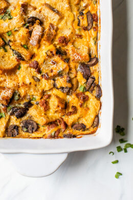 Breakfast Sausage and Mushroom Strata, a make-ahead breakfast casserole made with day old bread, eggs, cheese, sausage and mushrooms. You can make this with just about anything, just use your imagination!
