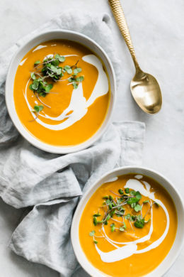 This healthy Carrot Ginger Soup is made with fresh carrots, a hint of fresh ginger and a touch of sour cream blended together until creamy, perfect for lunch or dinner. You can make it vegan or dairy-free by swapping the cream for coconut milk.