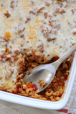 This super easy macaroni casserole is a baked pasta dish with ground turkey, veggies, marinara sauce and cheese. Kid-friendly and no need to pre-cook the pasta!