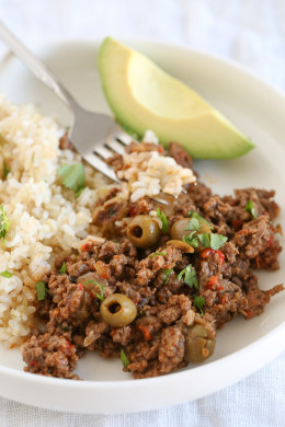 Picadillo is the most requested dish by my kids and it's so easy to make. We love it served over brown rice (or cauliflower rice) with this quick cabbage slaw or a salad on the side.