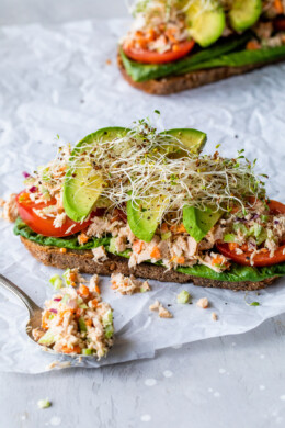 Open Faced Tuna Sandwich with Avocado and Sprouts