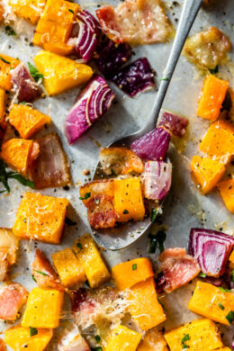Roasted Butternut Squash with Onions, Bacon and Parmesan on a sheet pan