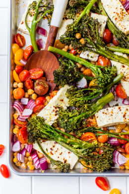 Sheet Pan Baked Feta with Chickpeas, Broccolini and Tomatoes