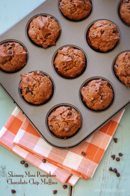 These healthy Mini Pumpkin Chocolate Chip Muffins are made lighter than traditional muffins swapping out butter for pumpkin puree – loaded with chocolate chips in every bite!