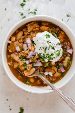 Turkey Pumpkin White Bean Chili made in the Slow Cooker or Instant Pot!