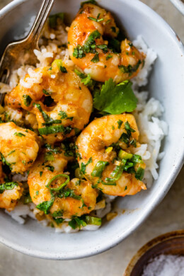 Red Thai Coconut Curry Shrimp with cilantro on top over rice
